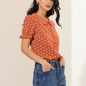 Polka Dot Short Puff Sleeve Button Up Peter Pan Collar Blouse Orange Red/XL - Allegra K catalog