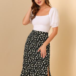 Floral Ruffle Elastic High Waist Button Flowy Split Midi Skirt Black/XL - Allegra K catalog