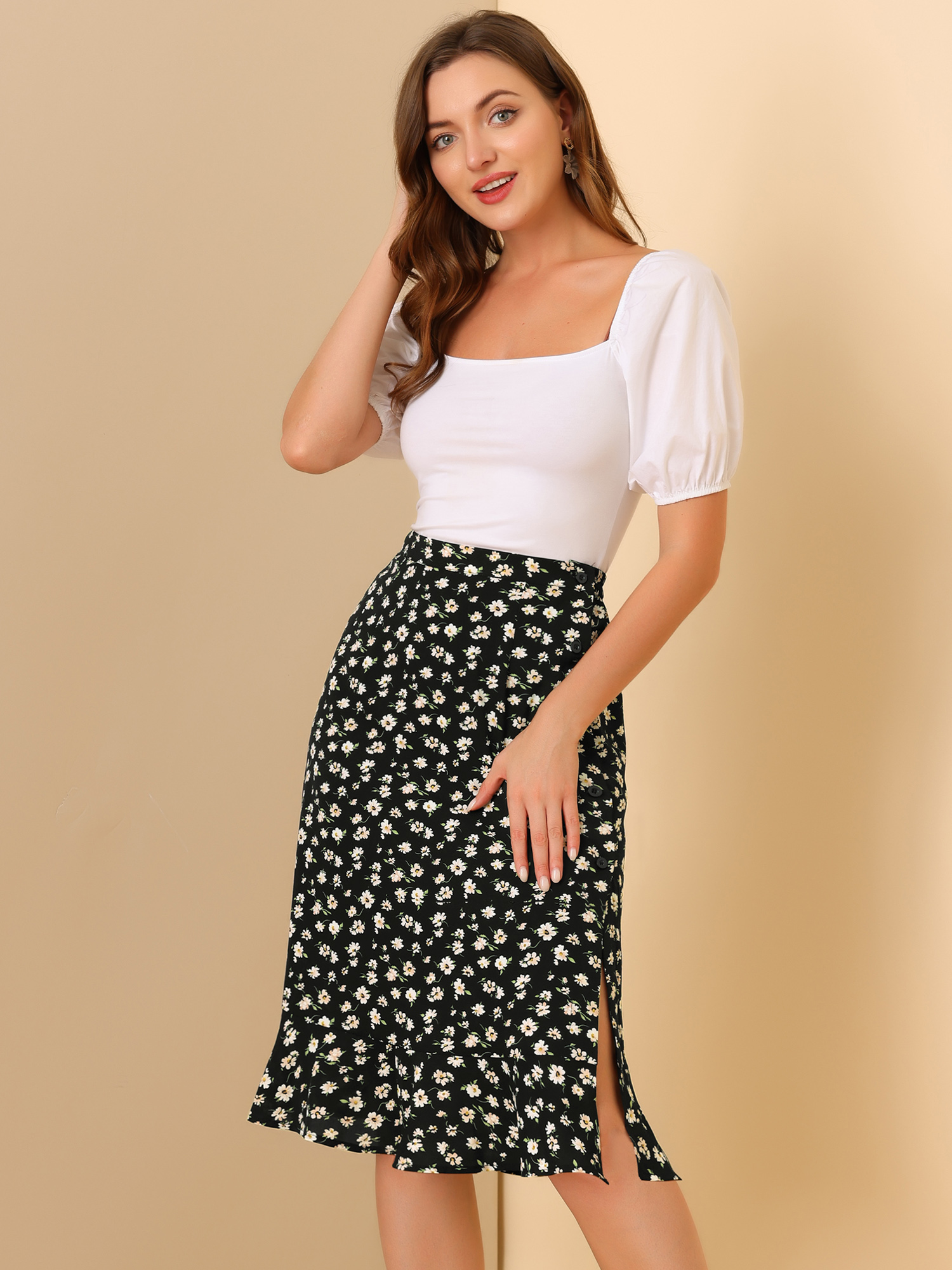 Floral Ruffle Elastic High Waist Button Flowy Split Midi Skirt Black/XL - Allegra K catalog