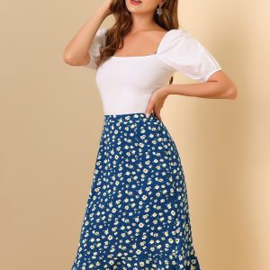 Floral Ruffle Elastic High Waist Button Flowy Split Midi Skirt Blue/XS - Allegra K catalog