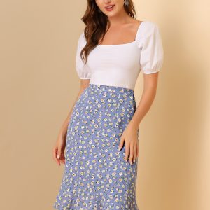 Floral Ruffle Elastic High Waist Button Flowy Split Midi Skirt Light Purple/L - Allegra K catalog