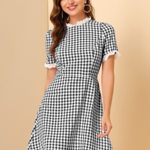 Summer Ruffle Neck Lace Panel Short Sleeve Check Gingham Dress Black/M - Allegra K catalog