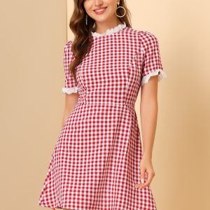 Summer Ruffle Neck Lace Panel Short Sleeve Check Gingham Dress Red/M - Allegra K catalog