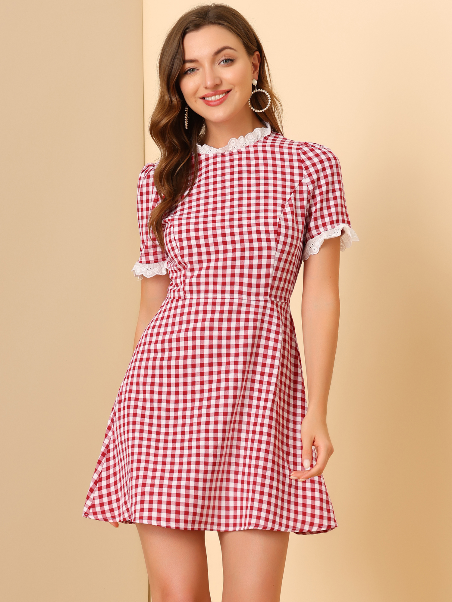 Summer Ruffle Neck Lace Panel Short Sleeve Check Gingham Dress Red/L - Allegra K catalog