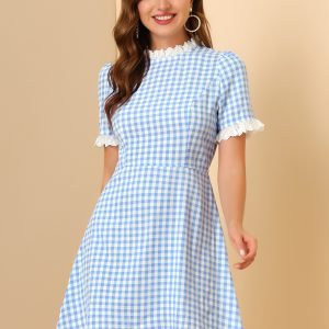 Summer Ruffle Neck Lace Panel Short Sleeve Check Gingham Dress Blue/S - Allegra K catalog