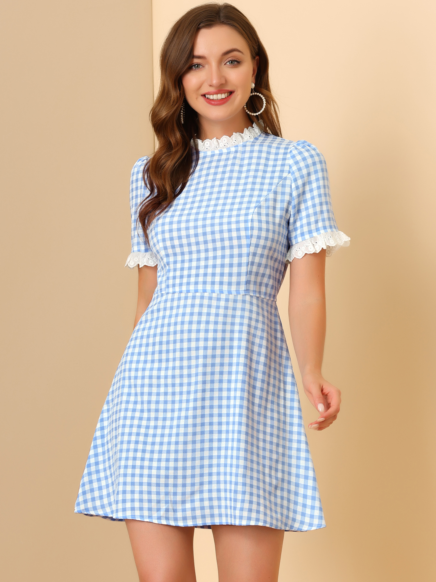 Summer Ruffle Neck Lace Panel Short Sleeve Check Gingham Dress Blue/L - Allegra K catalog
