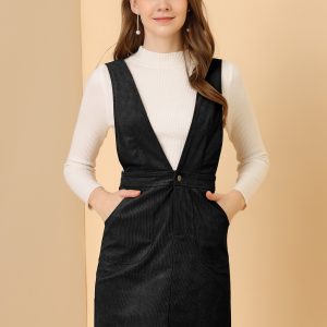 Corduroy Overall V Neck Strap Mini Pinafore Dress Black/L - Allegra K catalog