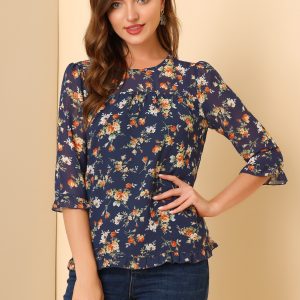 Casual Ruffle Floral Print 3/4 Sleeve Chiffon Blouse Navy/S - Allegra K catalog