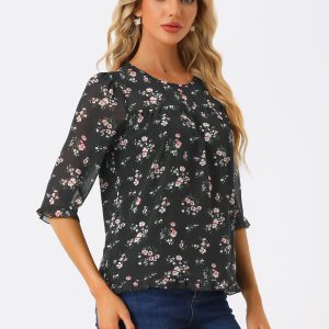 Casual Ruffle Floral Print 3/4 Sleeve Chiffon Blouse Black-1/S - Allegra K catalog