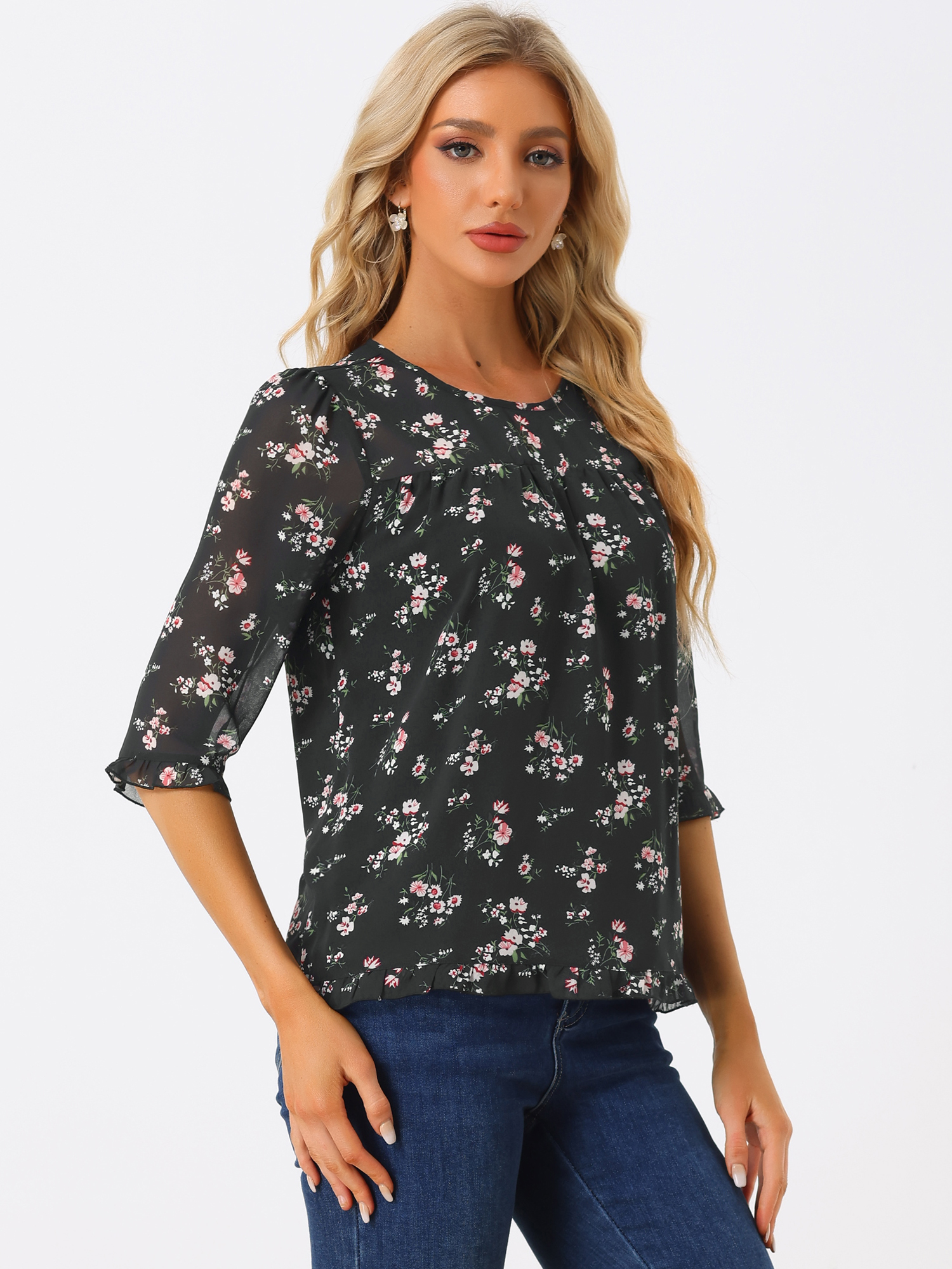 Casual Ruffle Floral Print 3/4 Sleeve Chiffon Blouse Black-1/S - Allegra K catalog