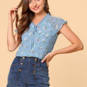Ditsy Floral Print Chiffon Short Sleeve Ruffle Blouse Blue/L - Allegra K catalog