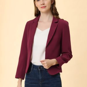 Open Front Office Work Business Crop Suit Blazer Jacket Burgundy/L - Allegra K catalog