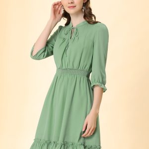 Ruffle Hem 3/4 Sleeve A-Line Smocked Short Chiffon Dress Pea Green/S - Allegra K catalog