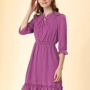 Ruffle Hem 3/4 Sleeve A-Line Smocked Short Chiffon Dress Plum Purple/S - Allegra K catalog