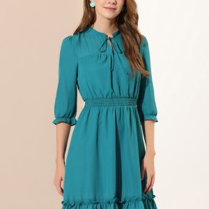 Ruffle Hem 3/4 Sleeve A-Line Smocked Midi Chiffon Dress Lake Green/XL - Allegra K catalog