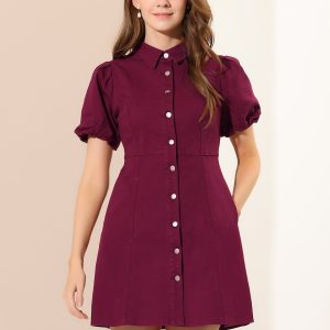 Denim Puff Short Sleeve Collared Button Down Mini Dress Burgundy/M - Allegra K catalog