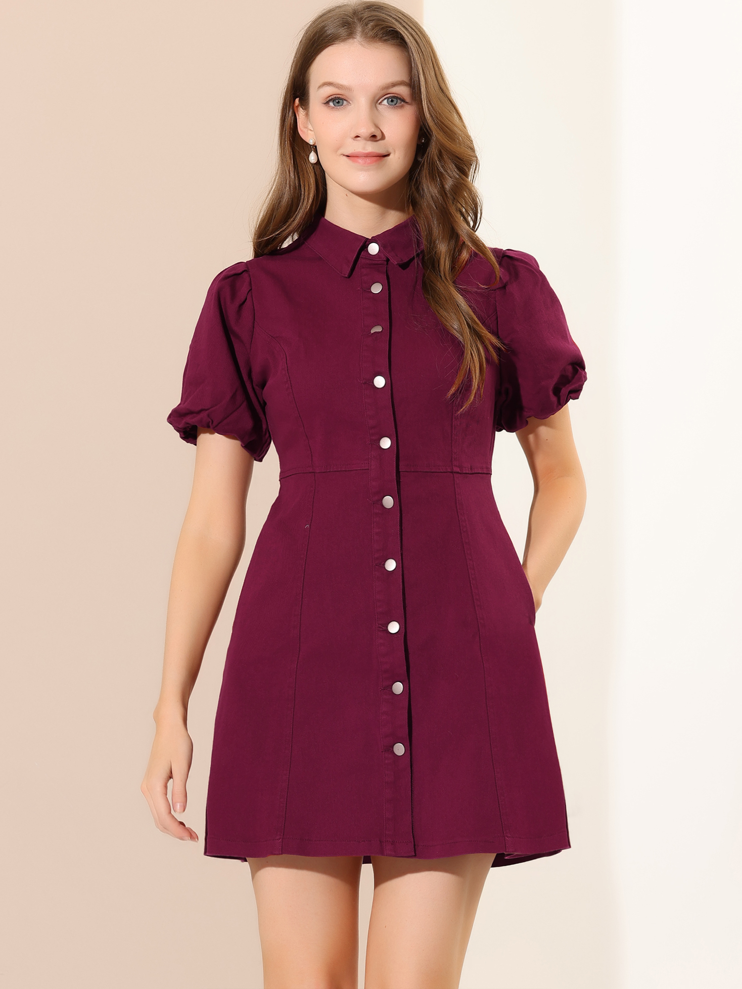 Denim Puff Short Sleeve Collared Button Down Mini Dress Burgundy/M - Allegra K catalog