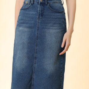 Casual High Waist Back Slit Stretch Denim Midi Skirt M-Blue/XL - Allegra K catalog