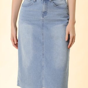 Casual High Waist Back Slit Stretch Denim Midi Skirt Light Blue/XL - Allegra K catalog