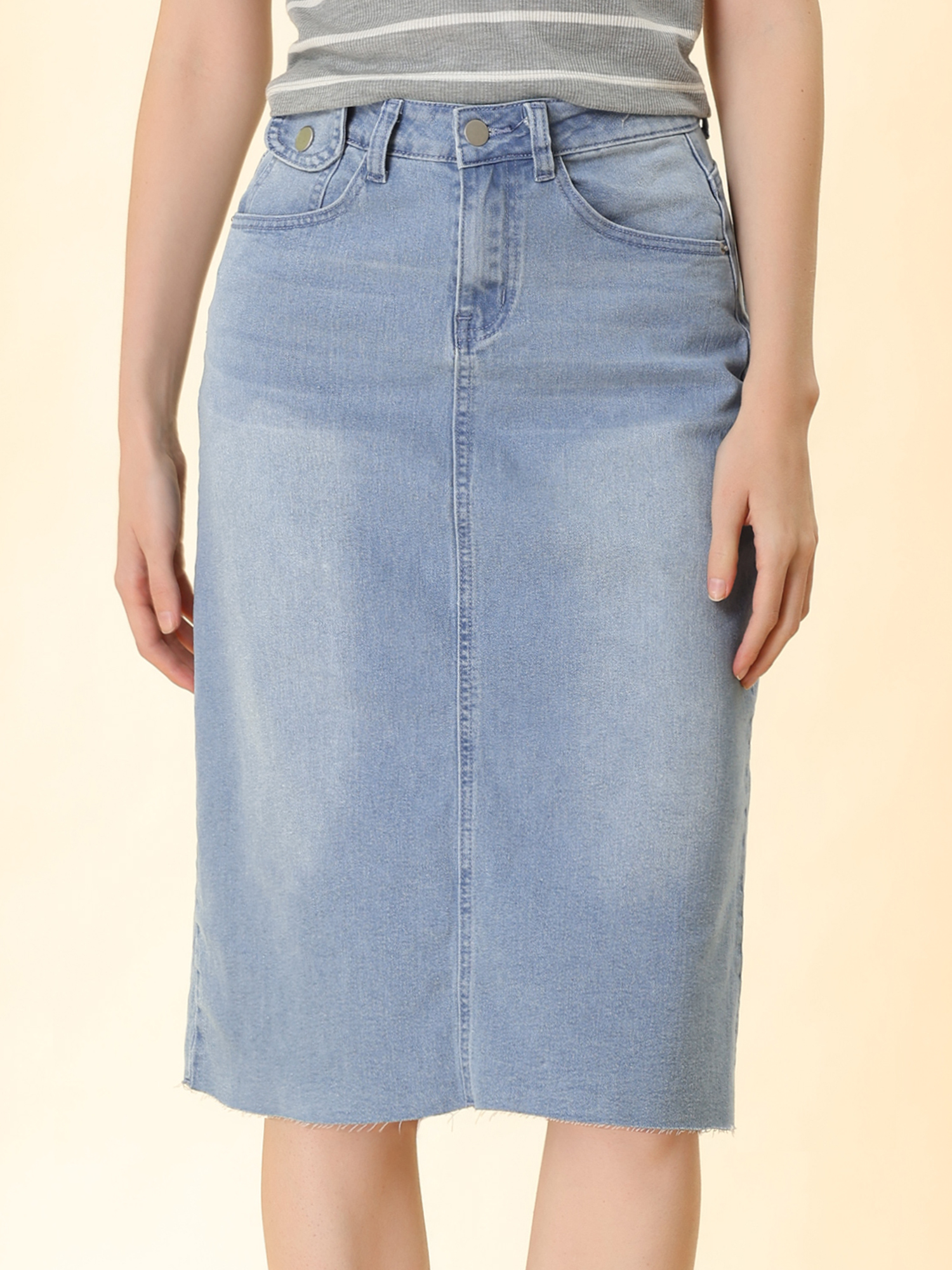 Casual High Waist Back Slit Stretch Denim Midi Skirt Light Blue/XL - Allegra K catalog