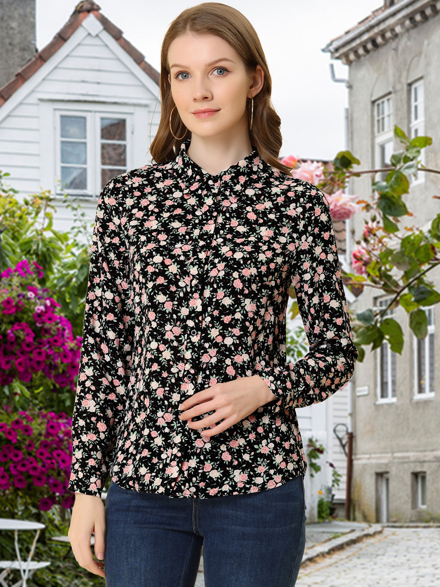 Button Down Floral Long Sleeve Point Collar Blouse Black-Pink Floral/S - Allegra K catalog