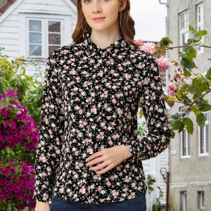 Button Down Floral Long Sleeve Point Collar Blouse Black-Pink Floral/XL - Allegra K catalog