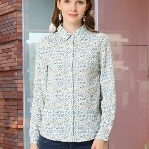 Button Down Floral Long Sleeve Point Collar Blouse White-Blue Floral/S - Allegra K catalog