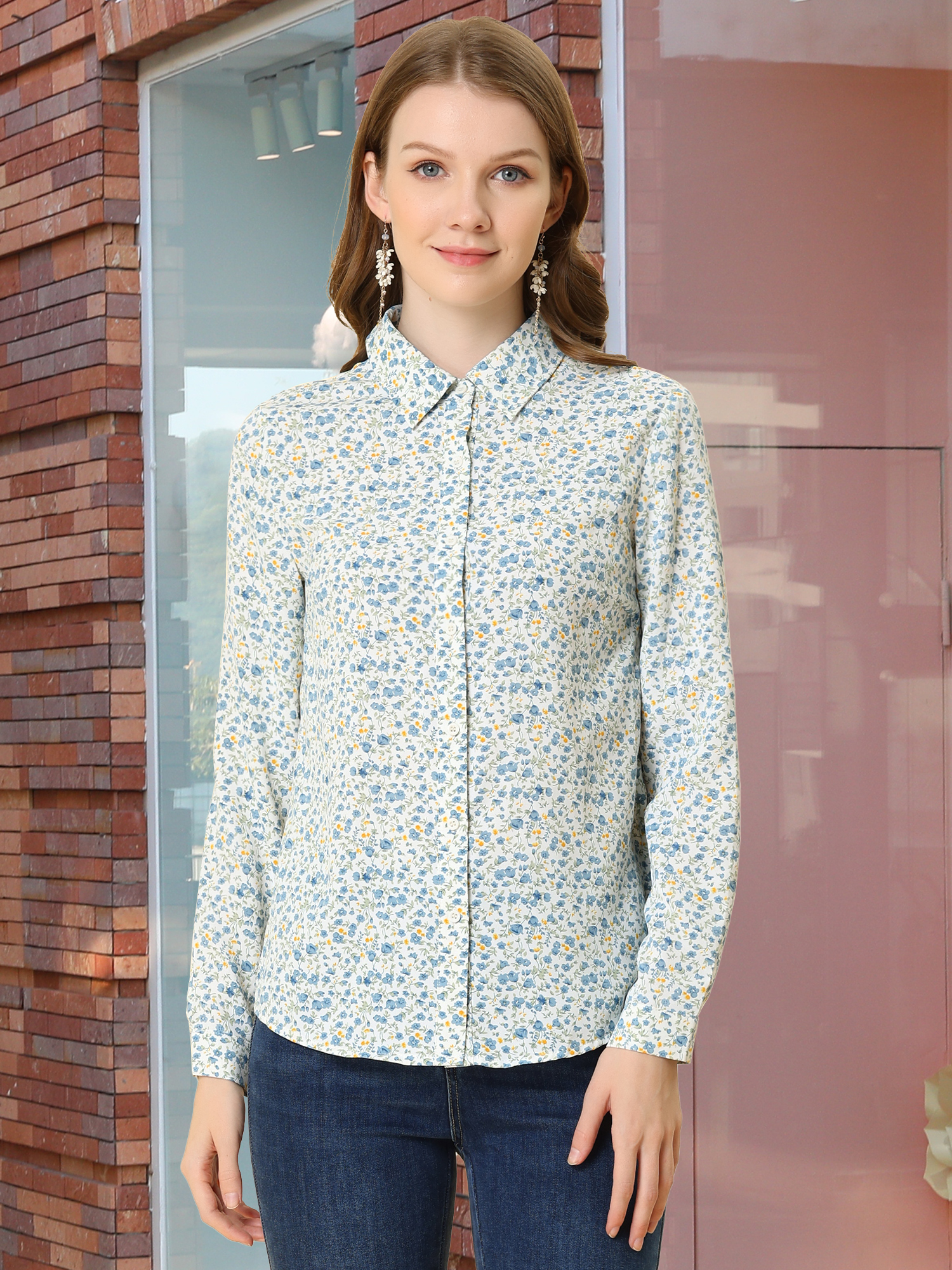Button Down Floral Long Sleeve Point Collar Blouse White-Blue Floral/S - Allegra K catalog