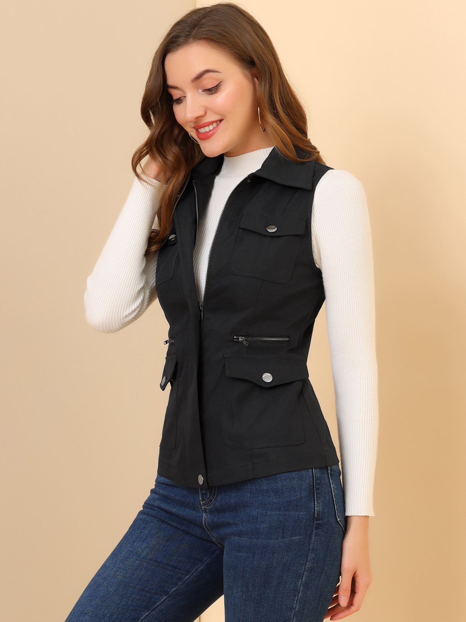 Zip Up Pockets Sleeveless Cargo Jacket Utility Vest Black/XL - Allegra K catalog