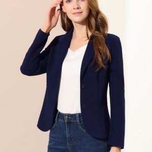Notched Lapel Collar Stretch Work Office Workwear Jacket Blazer Navy Blue/S - Allegra K catalog