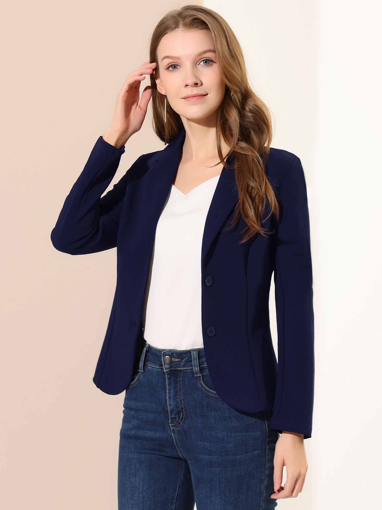 Notched Lapel Collar Stretch Work Office Workwear Jacket Blazer Navy Blue/XL - Allegra K catalog