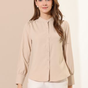 Mandarin Collar Long Sleeve Button Down Office Shirt Beige/XS - Allegra K catalog