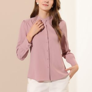 Mandarin Collar Long Sleeve Button Down Office Shirt Pink/M - Allegra K catalog