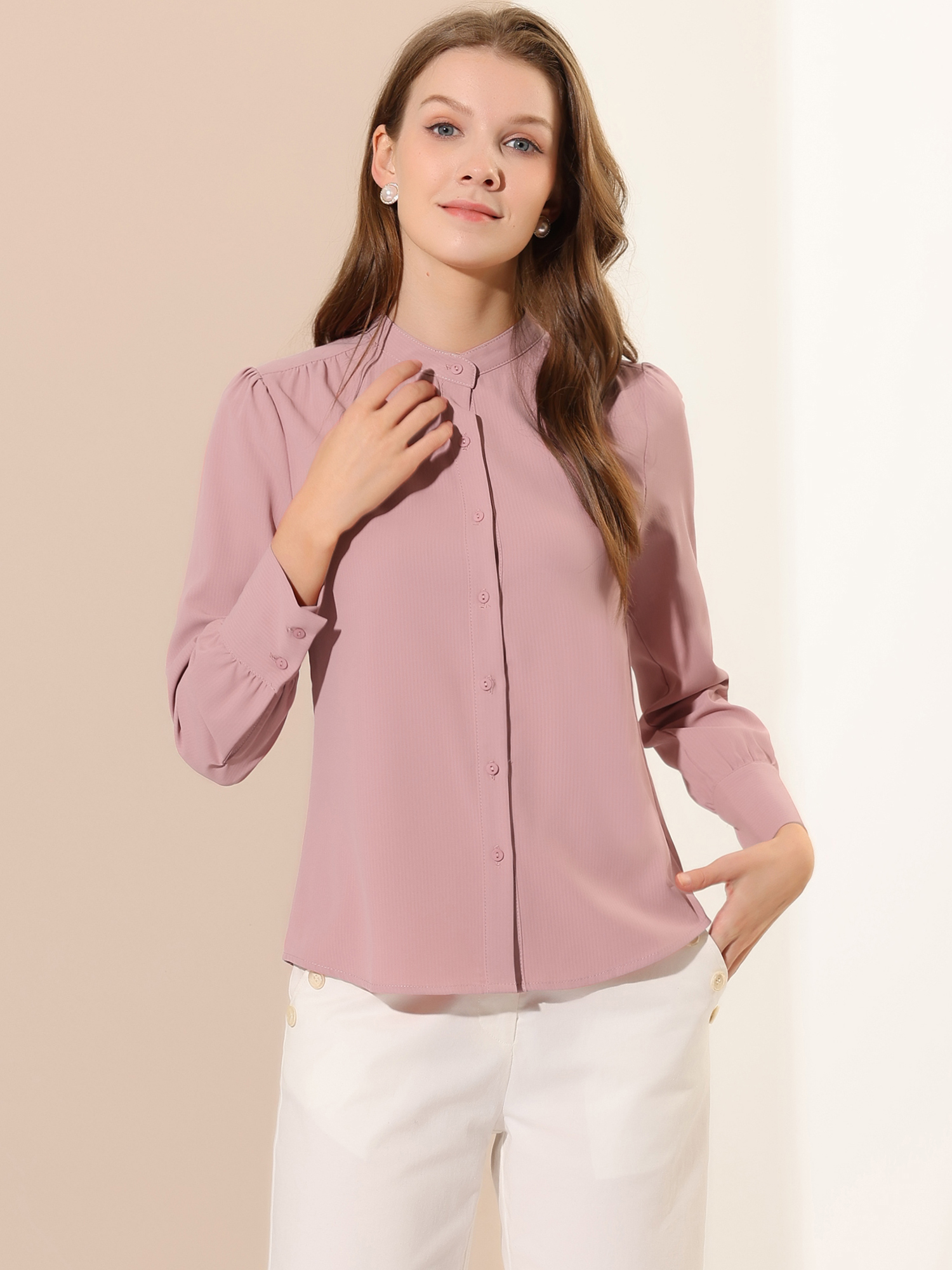 Mandarin Collar Long Sleeve Button Down Office Shirt Pink/XL - Allegra K catalog