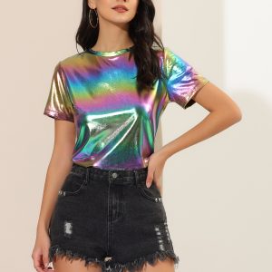 Glitter Metallic Short Sleeve Shiny Multicolor Blouse Multi/S - Allegra K catalog