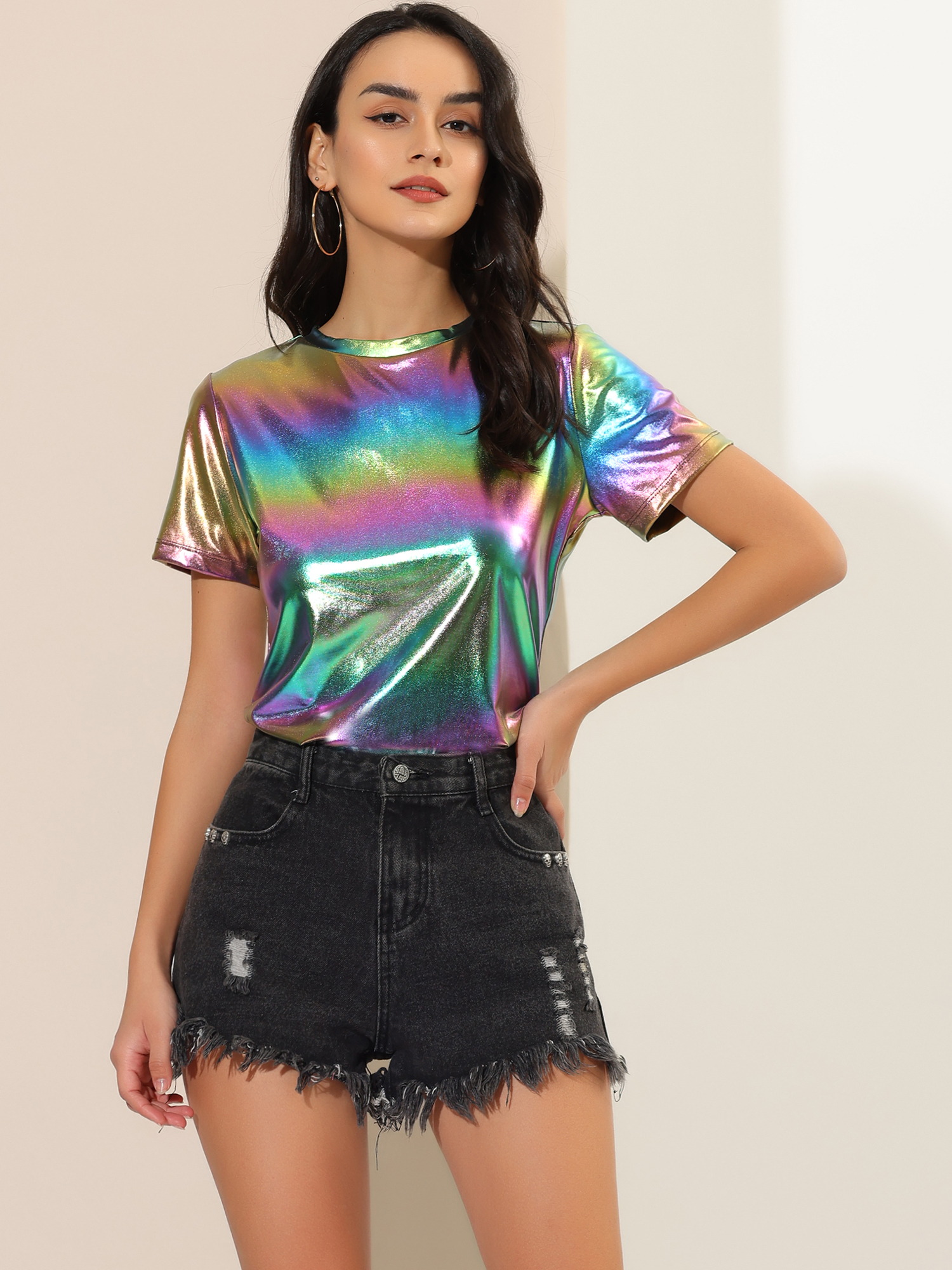 Glitter Metallic Short Sleeve Shiny Multicolor Blouse Multi/S - Allegra K catalog