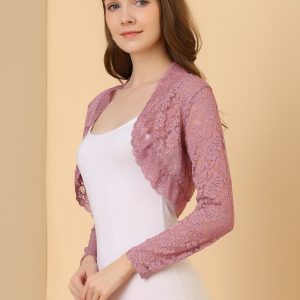Elegant Sheer Floral Lace Cropped Bolero Shrugs Grey Pink/M - Allegra K catalog