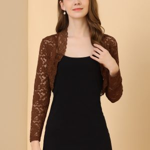 Elegant Sheer Floral Lace Crop Cardigan Bolero Shrug Brown/XL - Allegra K catalog