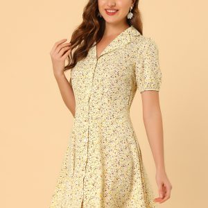 Button Up Short Sleeve A-Line Chiffon Vintage Floral Shirt Dress Beige/S - Allegra K catalog