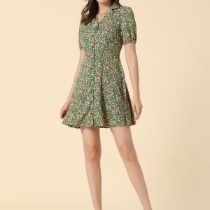 Button Up Short Sleeve A-Line Chiffon Vintage Floral Shirt Dress Green/XL - Allegra K catalog