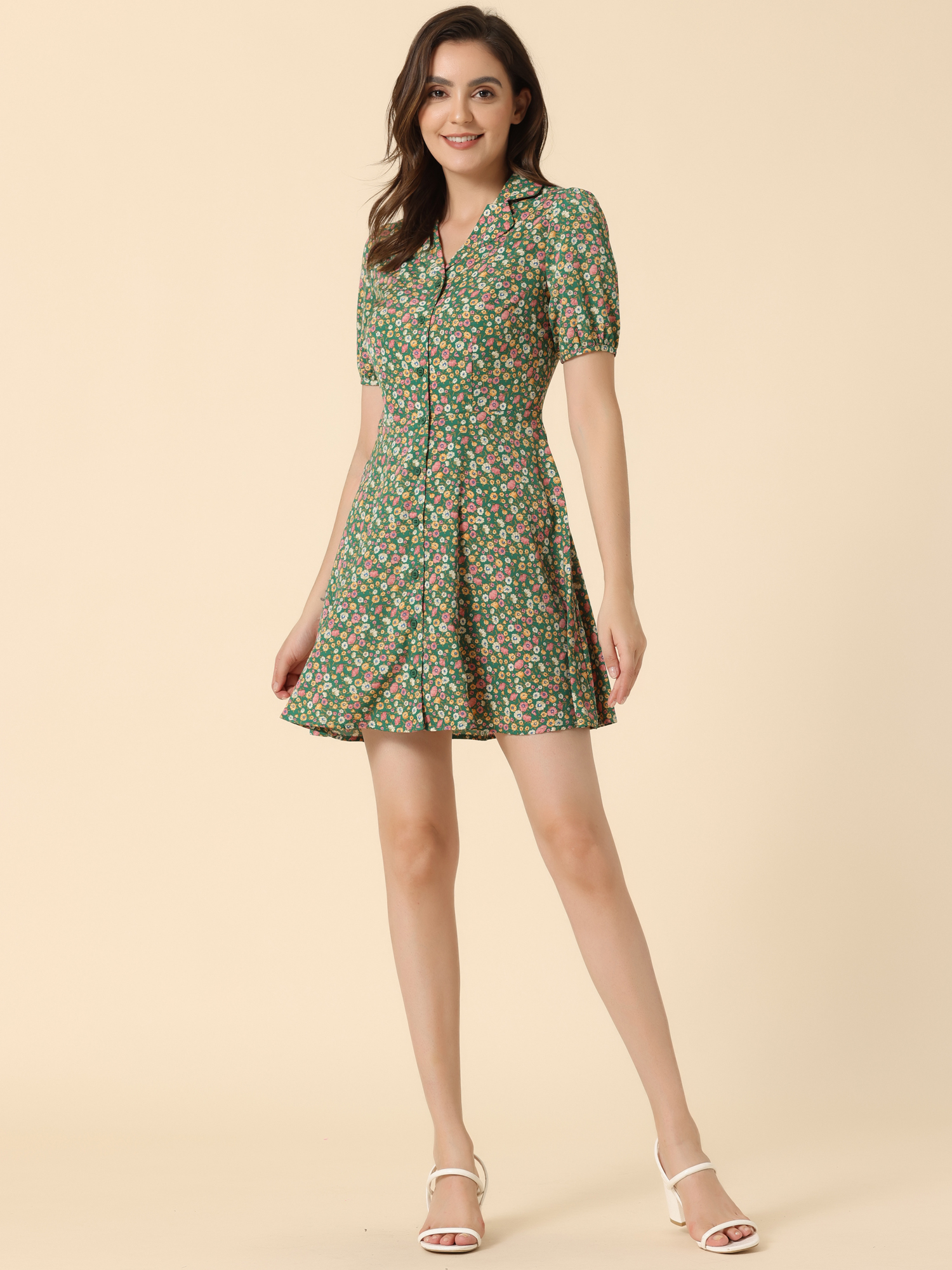 Button Up Short Sleeve A-Line Chiffon Vintage Floral Shirt Dress Green/XL - Allegra K catalog