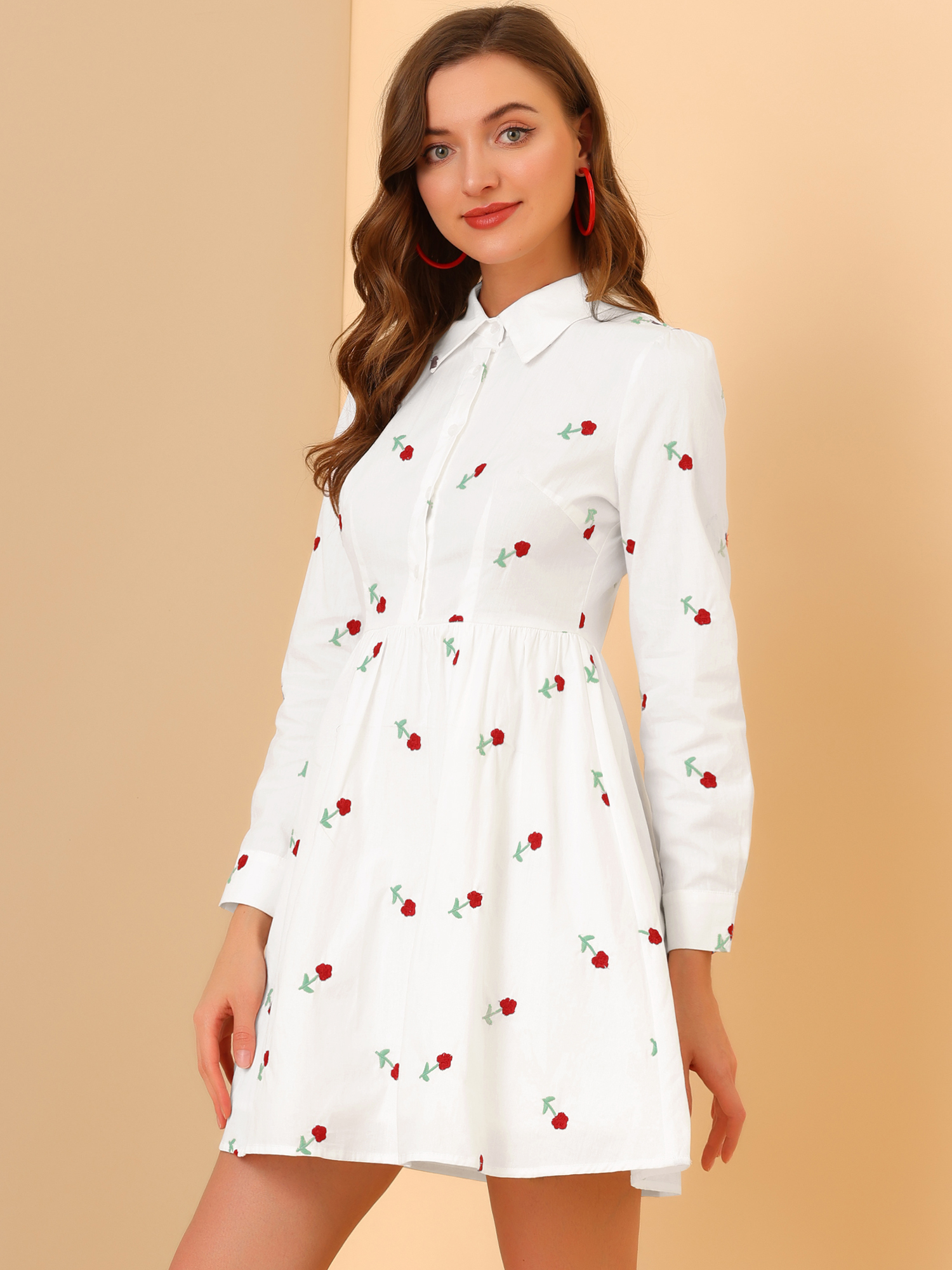 Casual Long Sleeve Half Placket Embroidered Floral Mini Shirt Dress White/XS - Allegra K catalog