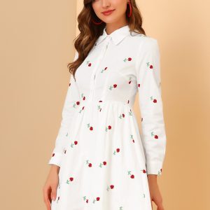 Casual Long Sleeve Half Placket Embroidered Floral Mini Shirt Dress White/S - Allegra K catalog