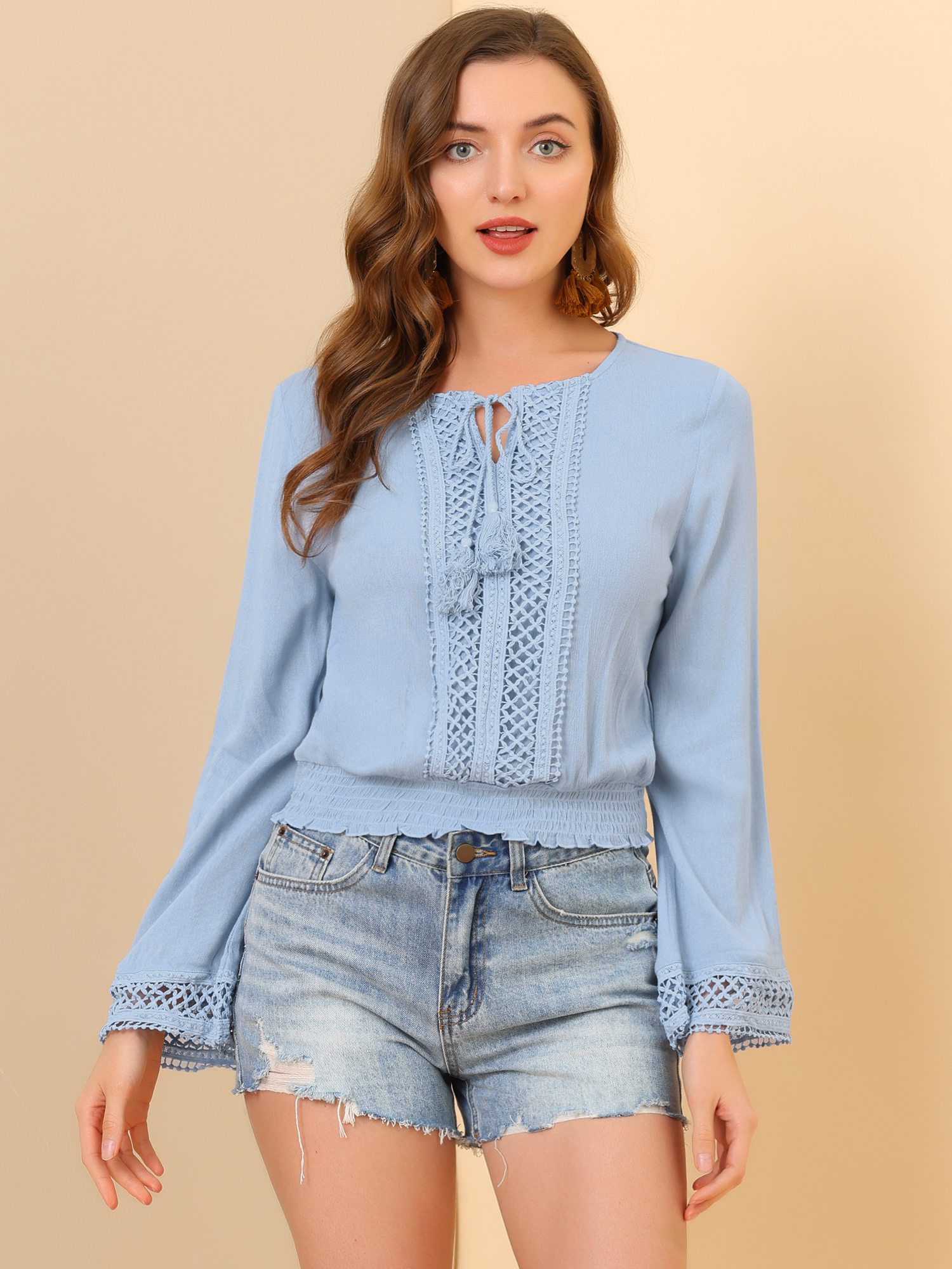 Boho Beach Blouse Bell Sleeve Lace Trim Tie Neck Peasant Smocked Top Blue/S - Allegra K catalog