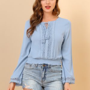 Boho Beach Blouse Bell Sleeve Lace Trim Tie Neck Peasant Smocked Top Blue/XL - Allegra K catalog