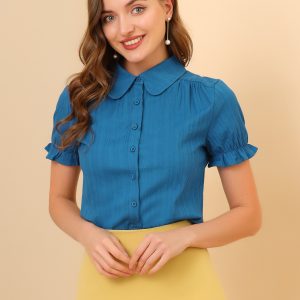 Cotton Frilled Top Turndown Collar Solid Blouse Shirt Ocean Blue/S - Allegra K catalog