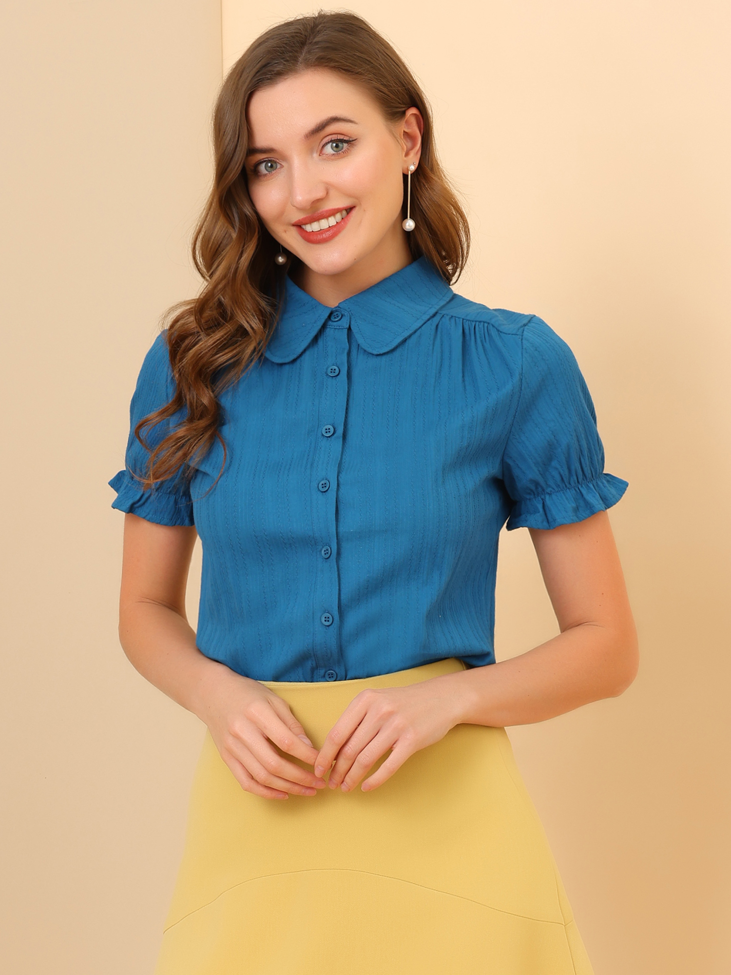 Cotton Frilled Top Turndown Collar Solid Blouse Shirt Ocean Blue/XL - Allegra K catalog