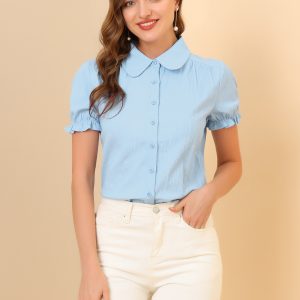 Cotton Frilled Top Turndown Collar Solid Blouse Shirt Light Blue/XL - Allegra K catalog