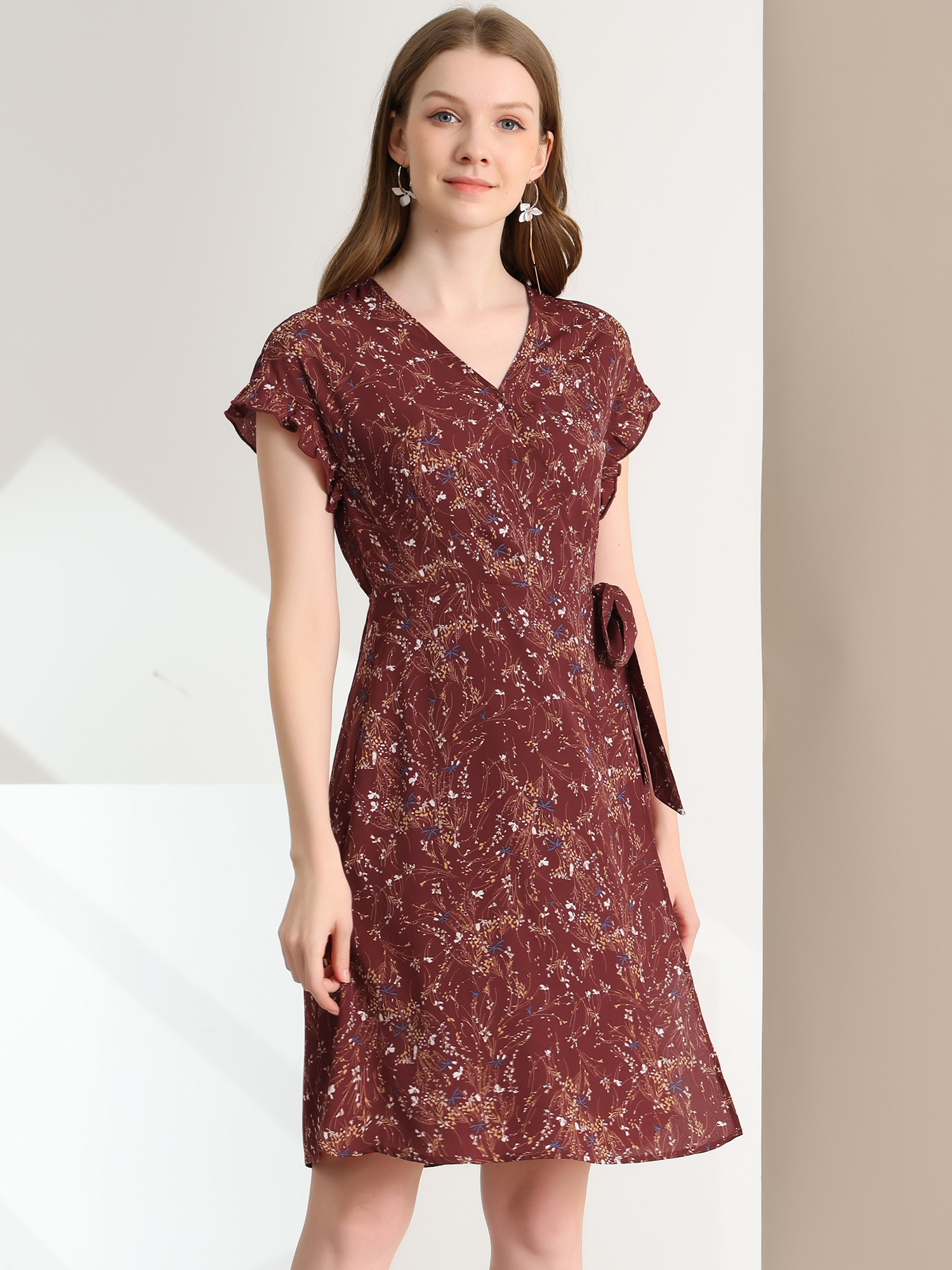 Ditsy Floral V Neck Ruffle Flutter Sleeve Midi Wrap Dress Burgundy/S - Allegra K catalog