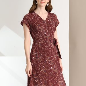 Ditsy Floral V Neck Ruffle Flutter Sleeve Midi Wrap Dress Burgundy/L - Allegra K catalog